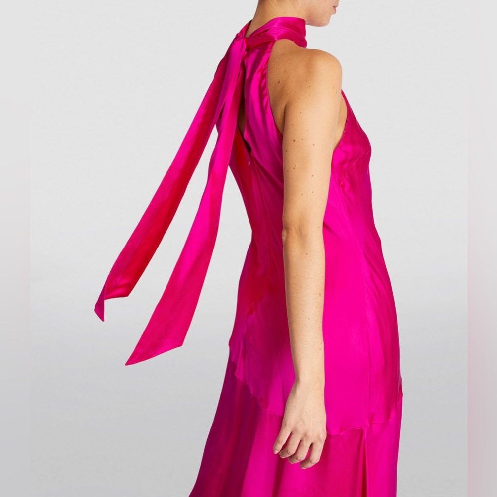 Frame Magenta 100% Silk Draped Halter Tie Neckline High-Low Midi Dress Sz M